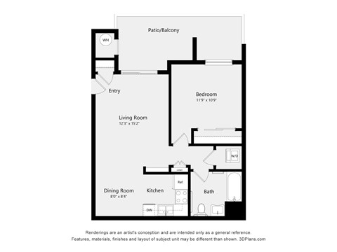 A floor plan of a home with a living room, dining room, kitchen, bathroom, bedroom and patio.